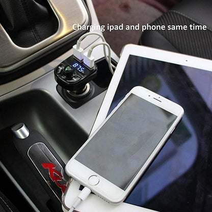 Wireless car charger with dual USB fast charging ports by Wukusy, shown mounted in a vehicle with charging cables connected.