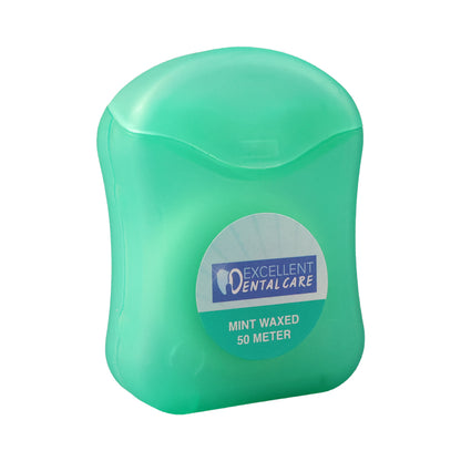 Mint waxed dental floss by Wukusy, 50 meters, showing the floss spool with mint-flavored wax coating for oral hygiene.