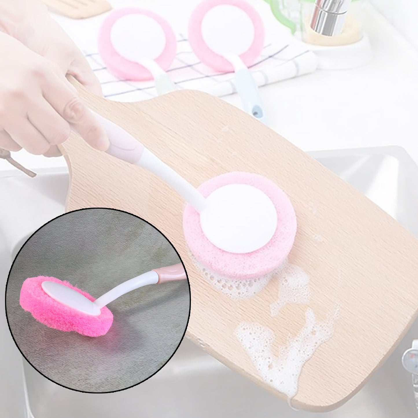 Wukusy long handle kitchen dish scrubber brush for easy dishwashing, with durable bristles and ergonomic grip in a home kitchen setting