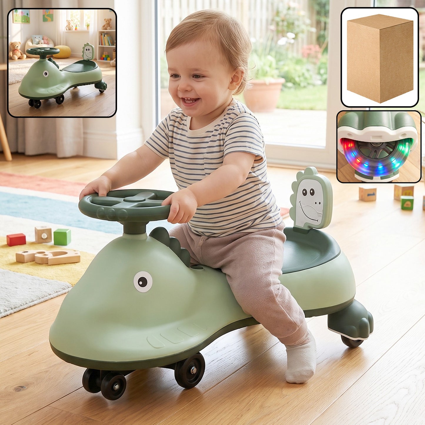 Kids dinosaur swing car ride-on toy from Wukusy with music, steering wheel, and colorful dinosaur design for active play.