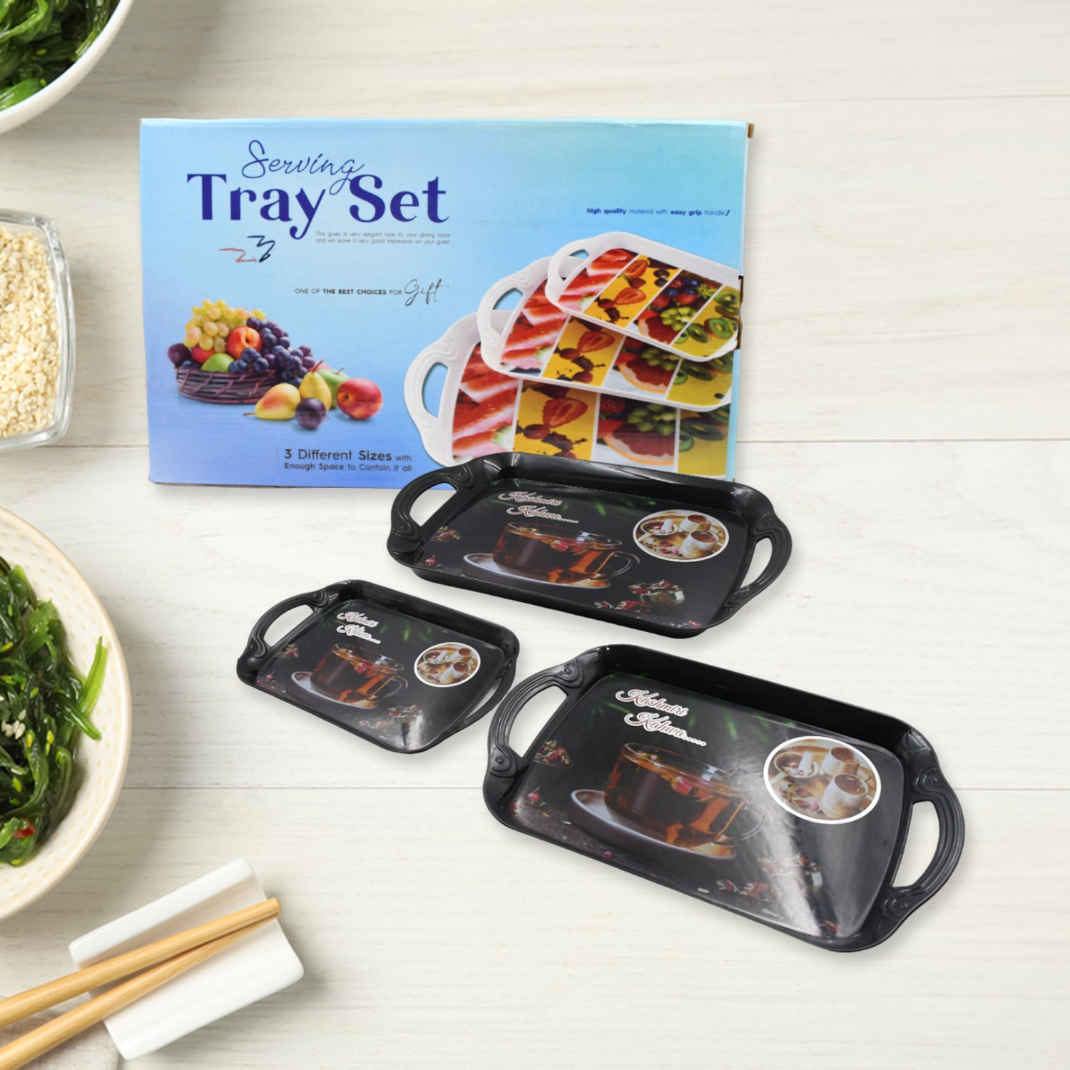 Wukusy set of 3 melamine serving trays in different sizes, ideal for kitchen, tea, snacks, and office serving purposes.