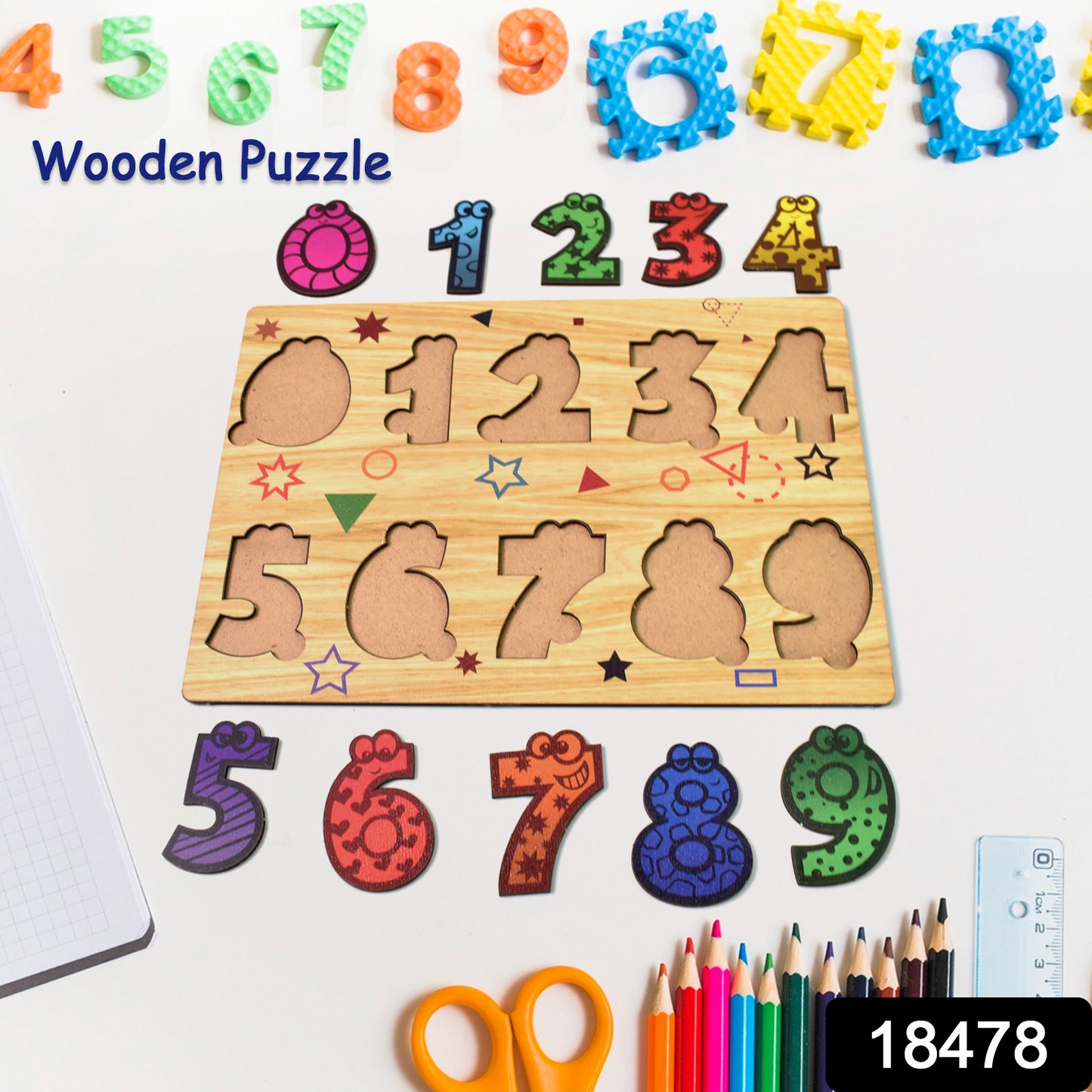 Wukusy wooden number puzzle educational toy with colorful numbered pieces on a learning board for kids.