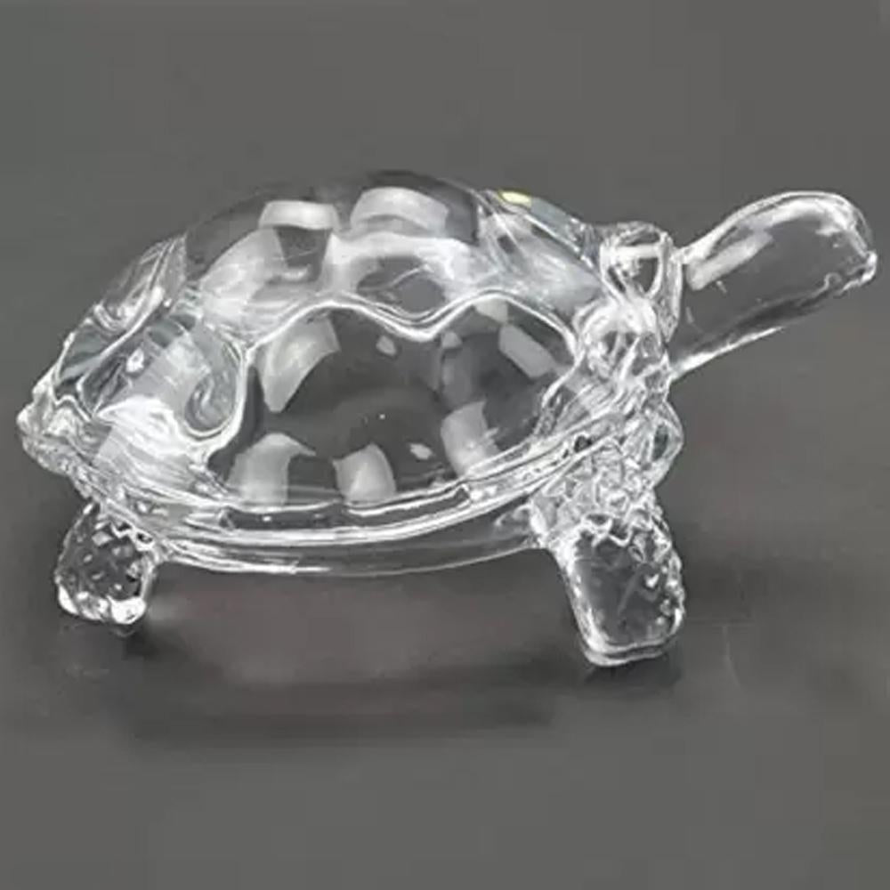 Wukusy 1194 crystal glass turtle figurine for Feng Shui and Vastu, detailed turtle shape with clear, polished glass surface.