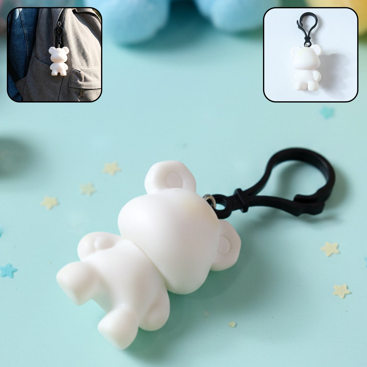 Wukusy cute bear figure keychain featuring a small, adorable bear design with a metal keyring for attaching keys or bags.