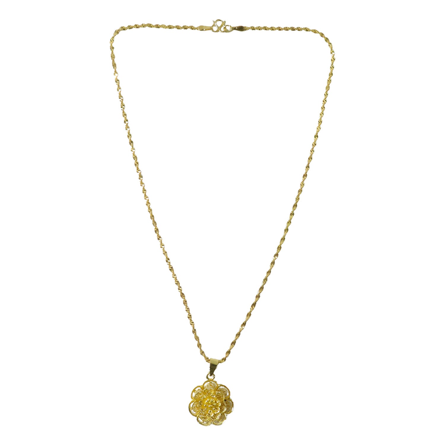Gold plated pendant necklace with elegant floral design by Wukusy, showcasing intricate flower patterns on a chain.