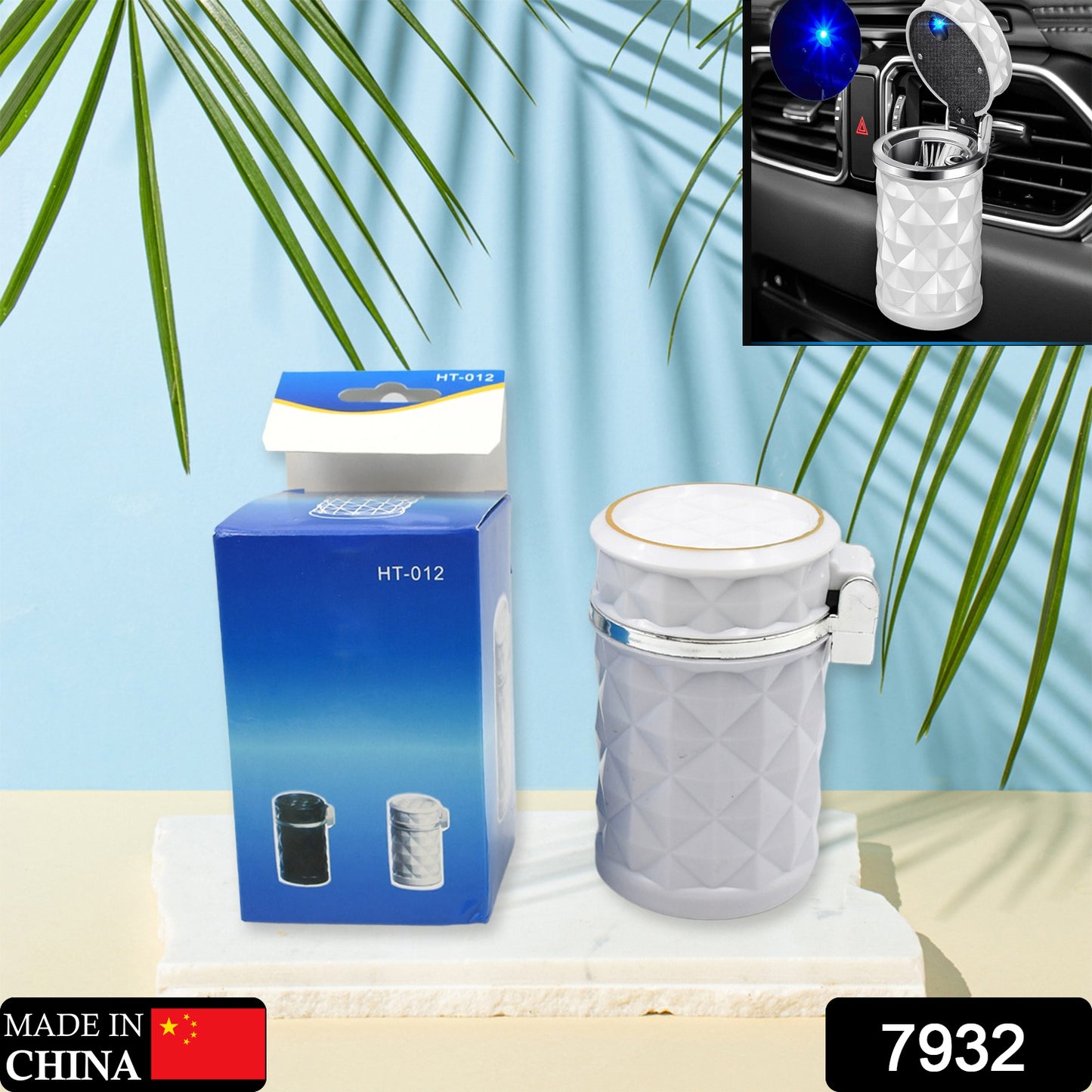 Wukusy 7932 car cupholder ashtray with lid, blue LED light, portable cigarette and cigar ash bucket for car waste disposal