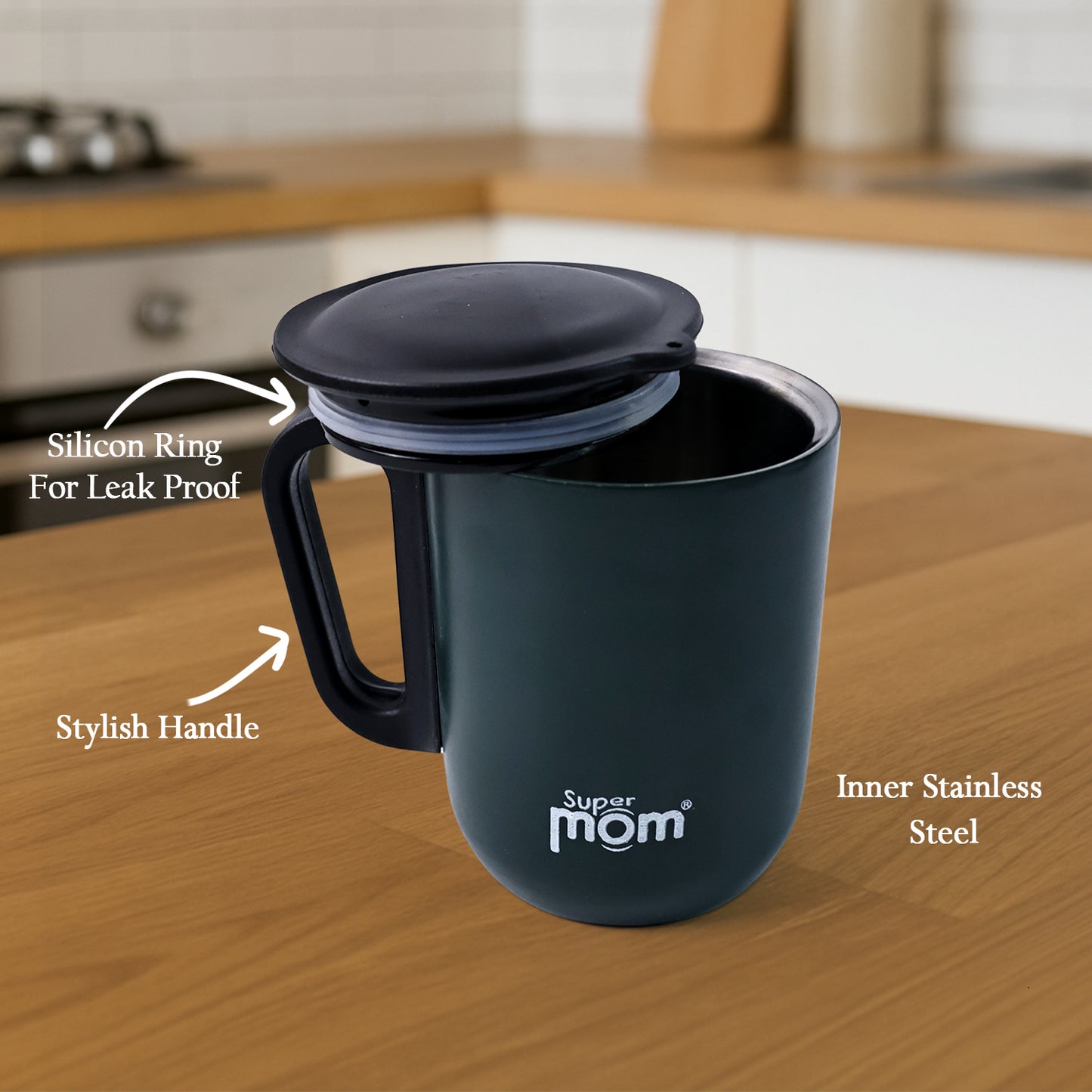 Wukusy Supermom metallic stainless steel insulated mug with lid, 300ml capacity, ideal for home and kitchen use.