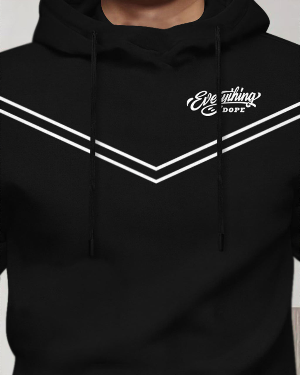 Men's black full-sleeve hooded T-shirt from Drpshippr's Everything Dope Model collection, casual fit with front pocket details.