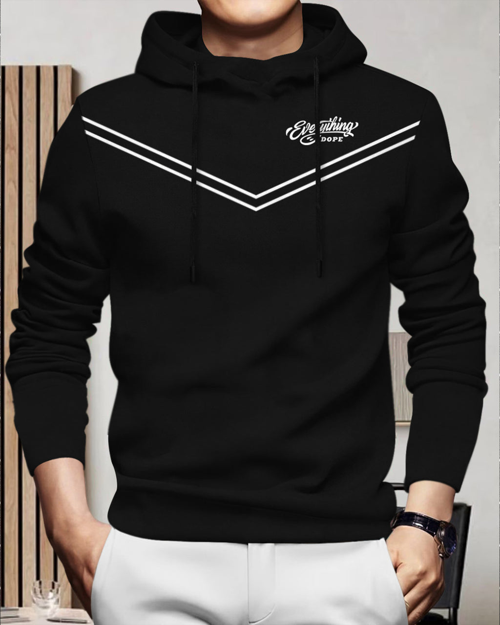 Men's black full sleeve hooded T-shirt from Drpshippr's Everything Dope Model collection, featuring a casual, comfortable fit.