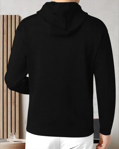 Men's full sleeve black hooded T-shirt from Drpshippr's Everything Dope Model collection, featuring a casual, stylish design.