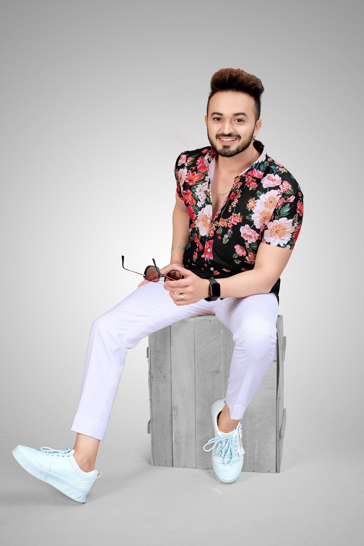 Men's regular fit printed casual shirt with spread collar from Drpshippr, featuring vibrant patterns and long sleeves.