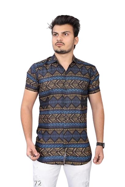 Men's regular fit printed casual shirt with spread collar from Drpshippr, featuring colorful patterns and button-down front.