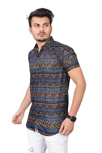 Men's regular fit printed casual shirt with spread collar from Drpshippr, featuring colorful patterns and button-down front.
