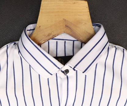 Men's regular fit striped formal shirt from Drpshippr, showcasing a classic design with blue and white vertical stripes.