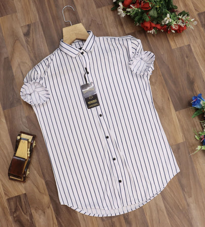 Men's regular fit striped formal shirt from Drpshippr, featuring a classic design with blue and white vertical stripes.