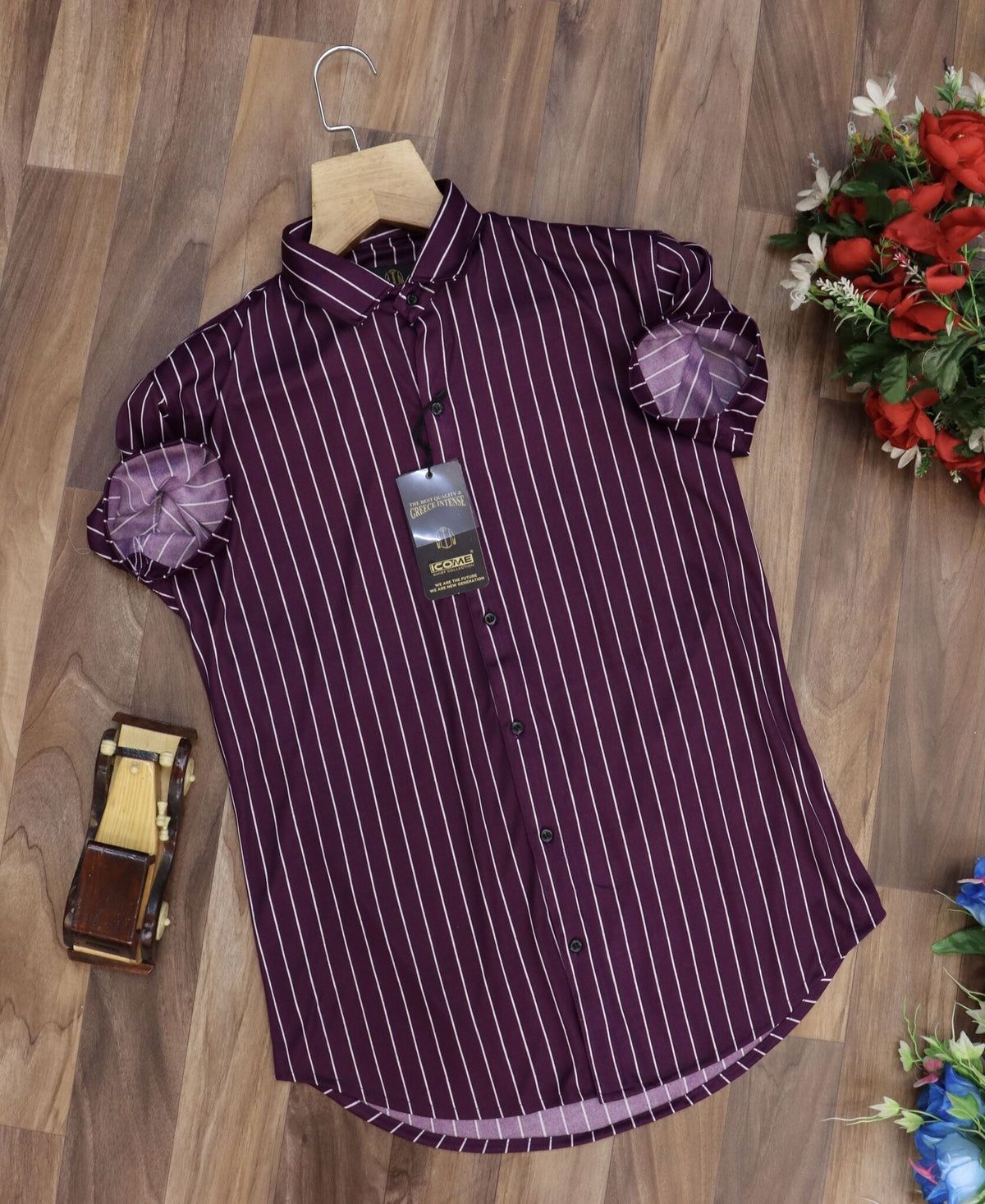 Men's regular fit striped party shirt with ribbed collar from Drpshippr, showcasing a stylish, casual design with bold stripe patterns.