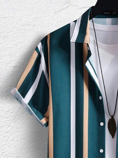 Men's regular fit striped casual shirt with spread collar from Drpshippr, featuring a stylish pattern and comfortable fit.