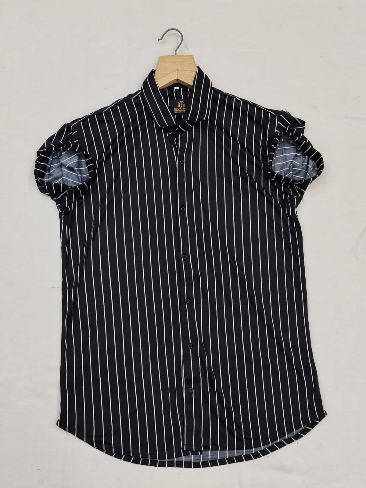 Men's slim fit striped casual shirt from Drpshippr, regular fit style with vertical blue and white stripes, shown on a model.