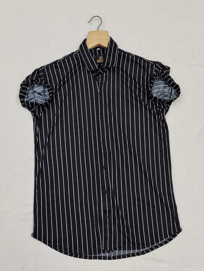 Men's slim fit striped casual shirt from Drpshippr, regular fit style with vertical blue and white stripes, shown on a model.