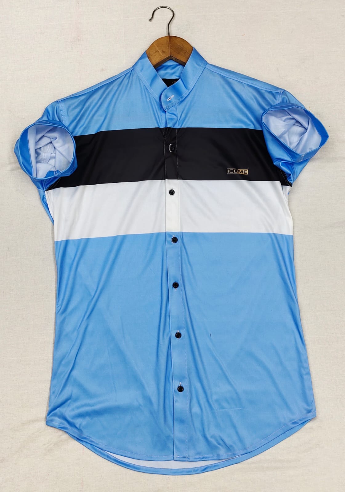 Men's slim fit color block casual shirt with mandarin collar from Drpshippr's men's collection, featuring a stylish modern design.