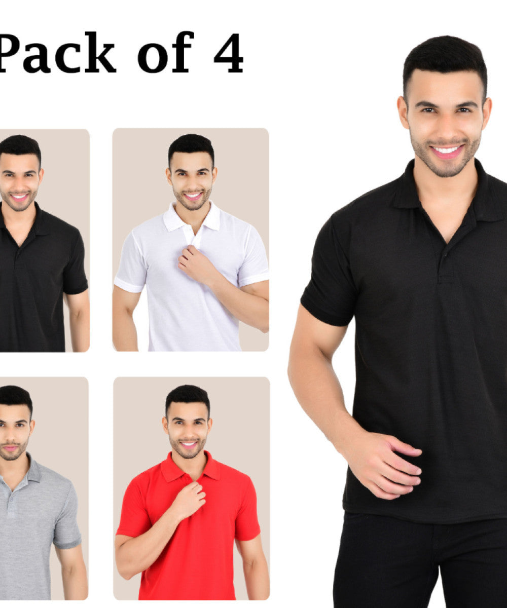 Set of four men's solid multicolor polo neck T-shirts from Drpshippr, casual men's collection, displayed flat.
