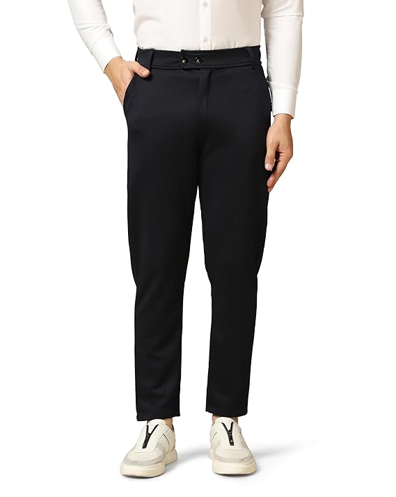 Men's regular fit casual navy blue pants by Seasons, shown flat with front pockets and belt loops.