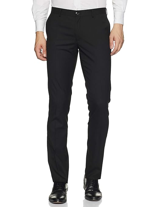 Men's stretchable formal Jade black pants by Seasons, showing a close-up of the slim fit design and fabric texture.