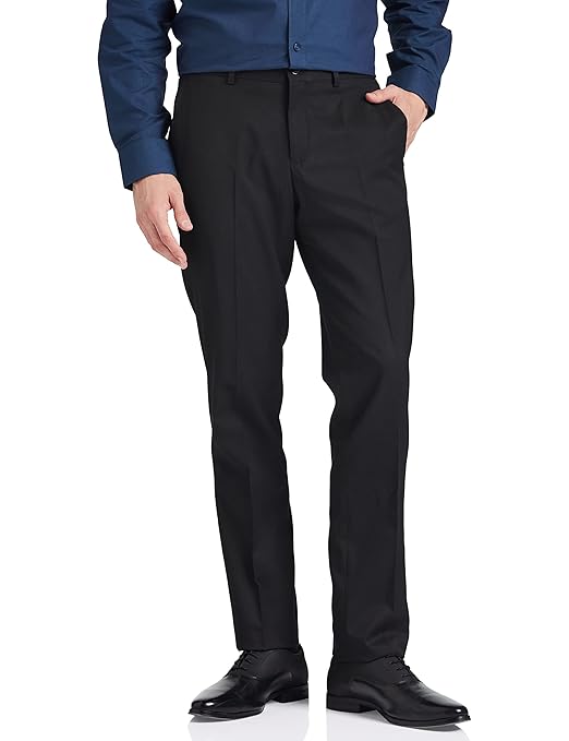 Men's stretchable formal jet black pants by Seasons, showcasing a tailored fit and smooth fabric on a model.