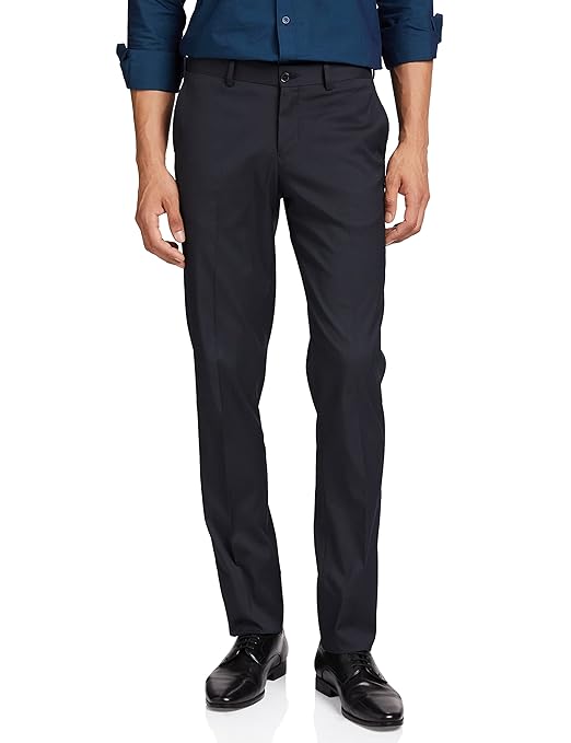 Men's stretchable formal midnight blue pants by Seasons, shown flat with waistband and tailored fit, ideal for office or formal wear.
