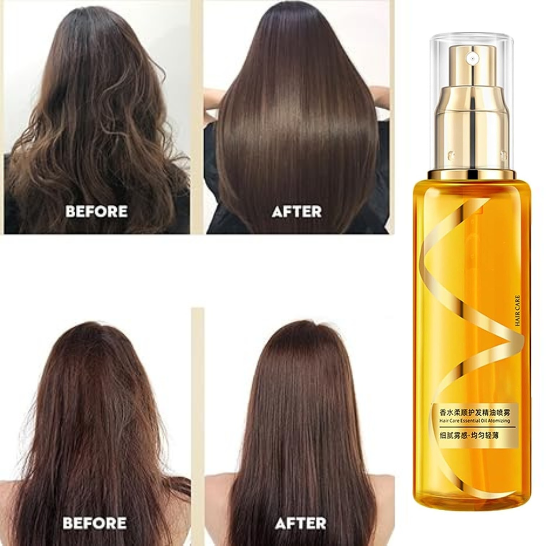 Men’s and women’s moisturizing silky hair oil spray by Drpshippr, featuring a sleek bottle with clear liquid for hair care.
