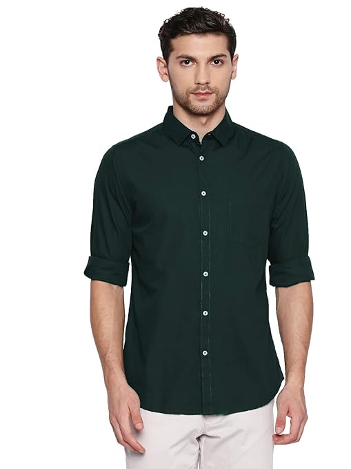 Men's dark green cotton casual shirt by Seasons, featuring a comfortable fit and classic design for everyday wear.