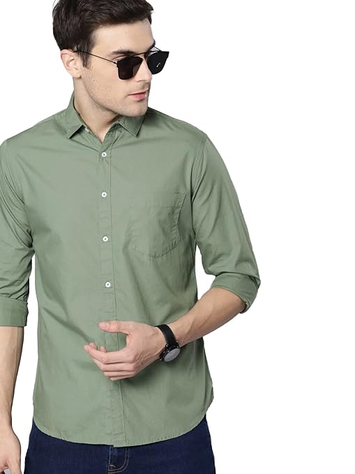 Men's solid dusty green cotton casual shirt by Seasons, shown with a collar and long sleeves, suitable for everyday wear.
