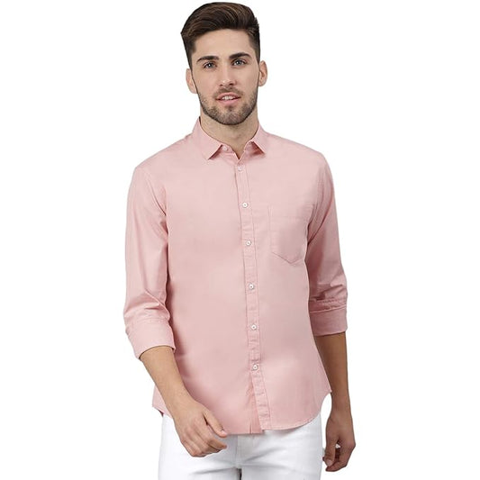 Men's solid peach cotton casual shirt by Seasons with a classic collar and long sleeves, displayed on a hanger.