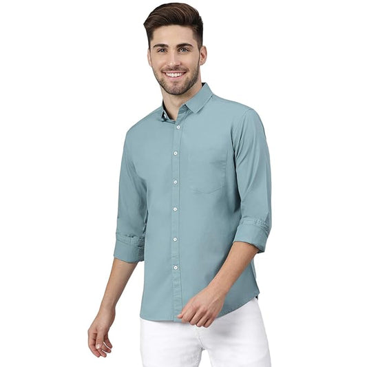 Men's solid cotton casual shirt in blue and teal from Seasons, featuring a classic fit and comfortable design.