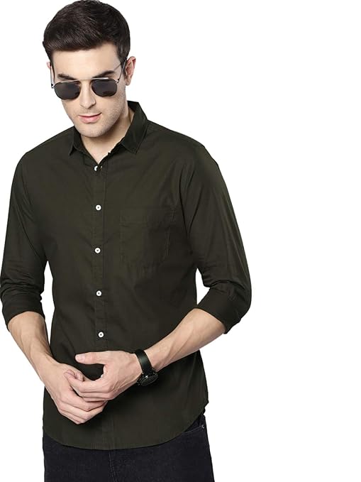 Men's solid olive cotton casual shirt by Seasons, displayed on a hanger with a button-up front and classic collar.