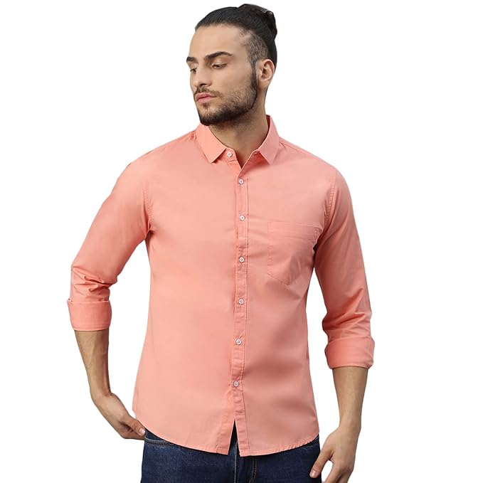 Men's solid coral cotton casual shirt by Seasons, featuring a classic fit and short sleeves, displayed on a hanger.