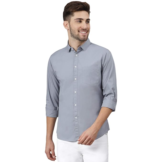 Men's solid dusty blue cotton casual shirt by Seasons, showing front view with collar and buttons.