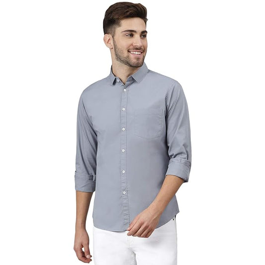 Men's solid dusty blue cotton casual shirt by Seasons, showing front view with collar and buttons.