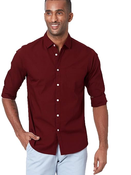 Men's solid maroon cotton casual shirt by Seasons, shown flat with collar and long sleeves, suitable for everyday wear.