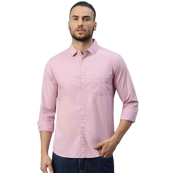 Men's solid cotton mauve casual shirt by Seasons, shown with a classic fit and button-down front.
