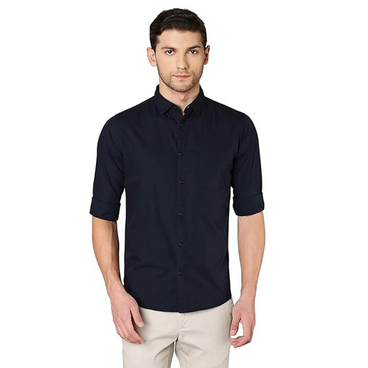 Men's solid navy blue cotton casual shirt by Seasons, shown on a hanger with a button-up front and classic collar.