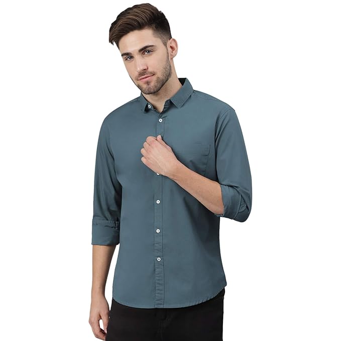 Pink men's slim fit casual cotton shirt by Seasons, showcasing the tailored fit and solid color design.