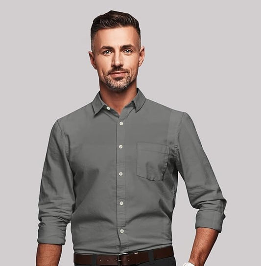Grey men's formal shirt by Seasons, solid color, long-sleeve design, tailored fit, displayed on a hanger.