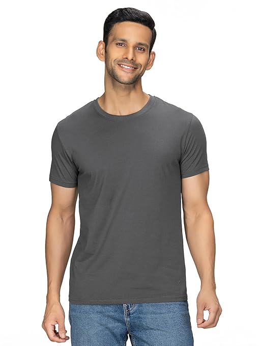 Men's dark grey regular fit T-shirt by Seasons, soft cotton fabric, shown laid flat with round neckline and short sleeves.