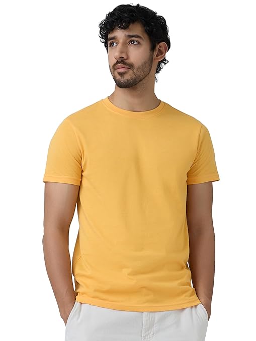 Men's regular fit yellow T-shirt from Seasons, made of soft cotton fabric, displayed flat with short sleeves and crew neckline.