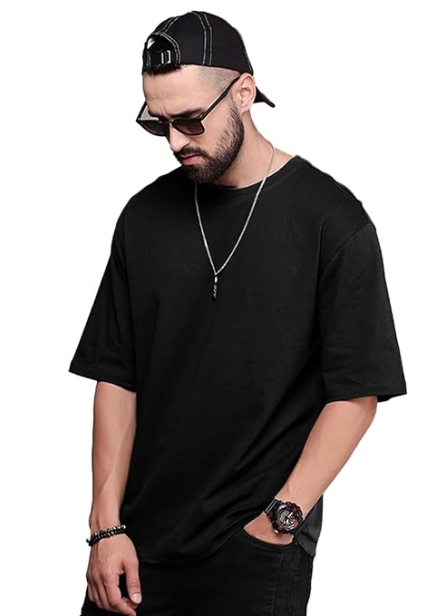 Men's oversized black T-shirt by Seasons, featuring a relaxed fit and soft cotton fabric, displayed flat on a white background.