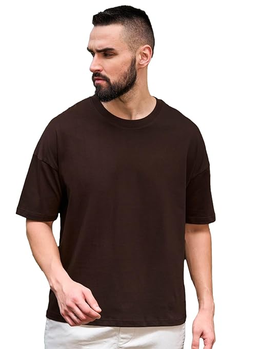 Men's oversized brown T-shirt by Seasons, casual fit, soft fabric, displayed on a hanger.