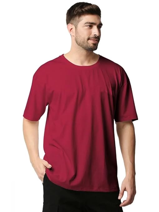 Men's oversized maroon T-shirt by Seasons, relaxed fit with soft fabric, displayed on a hanger.