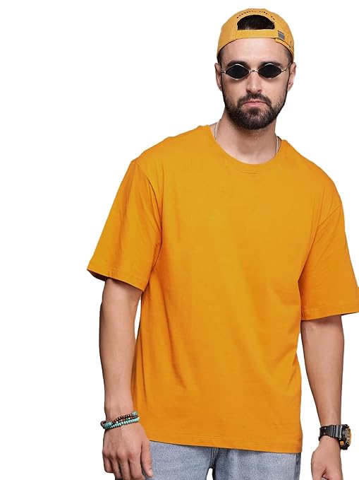 Men's oversized mustard T-shirt by Seasons, casual fit with short sleeves and round neckline, displayed on a hanger.