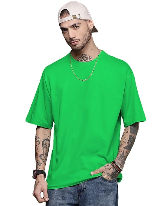 Men's oversized neon green T-shirt by Seasons, casual fit, soft fabric, displayed on a hanger.